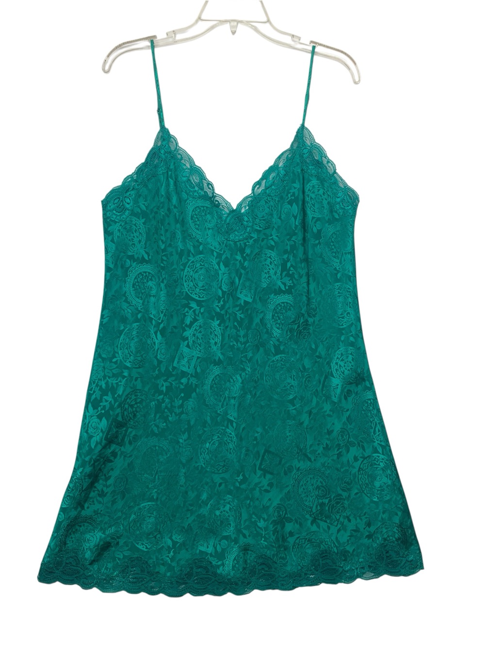 Victorias Secret Size Medium Green Paisley Lace Trim Teal Camisole Slip Vintage